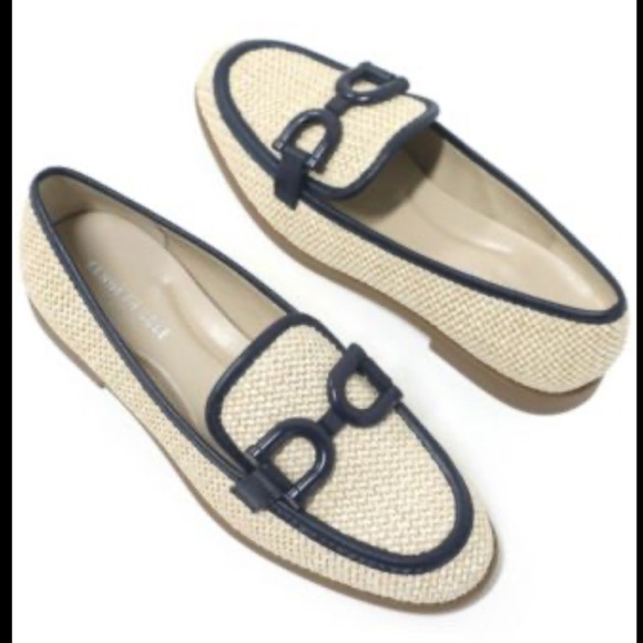 KENNETH COLE NEW YORK Larisa Natural Navy Raffia Link Loafers size 8.5 - Picture 1 of 4